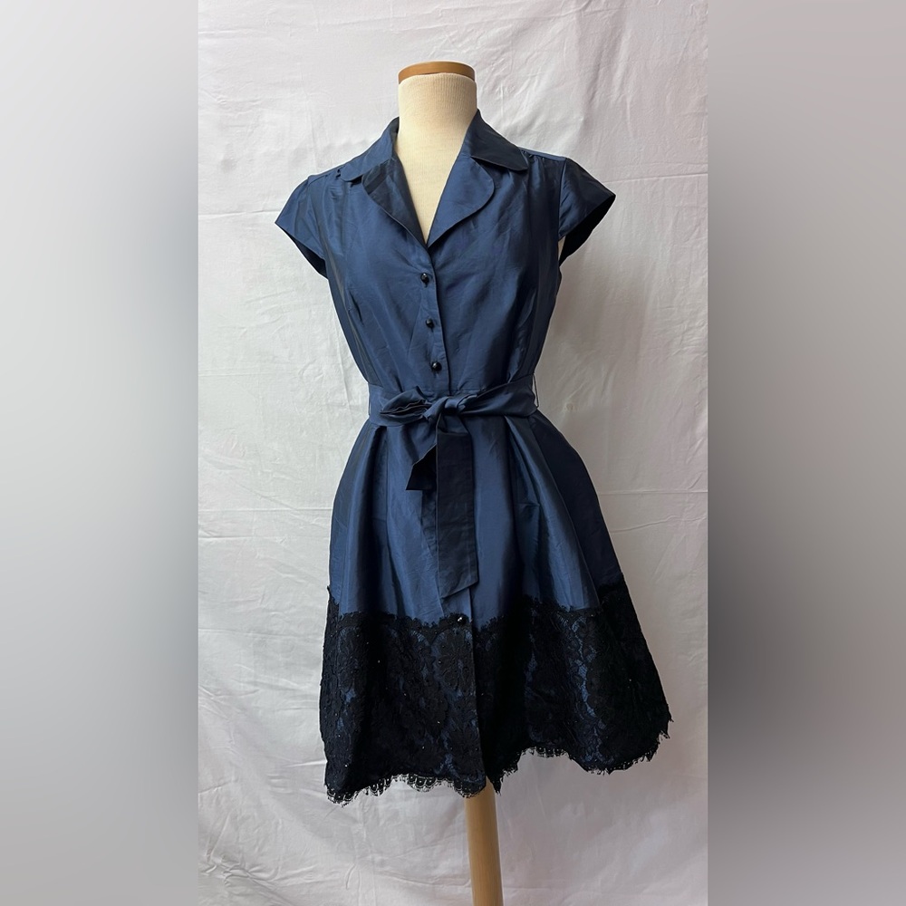 JS Boutique Navy Dress with Black Lace Hem and Tie Waist